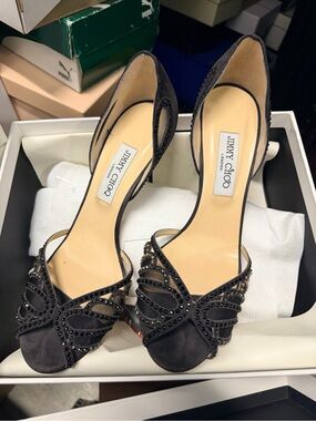 Brand New! Jimmy Choo Black Suede Open-Toe Evening Heels